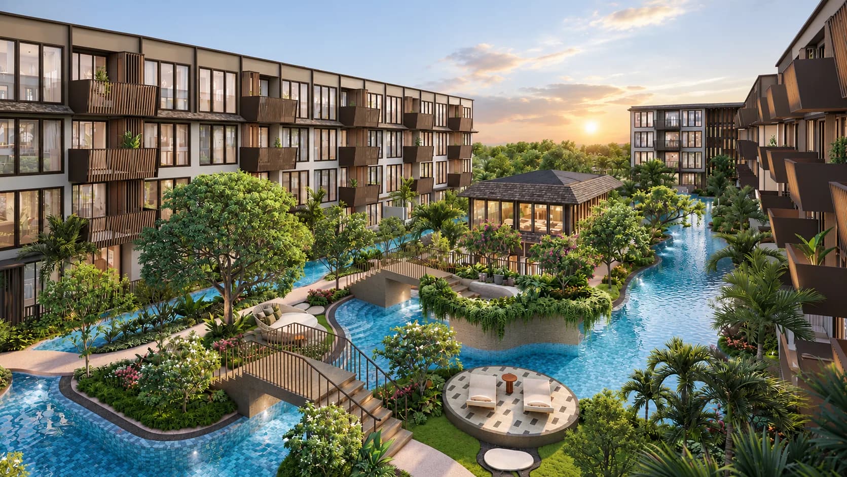 Aerial view of the lagoon pool and residential buildings at The Astra Samui