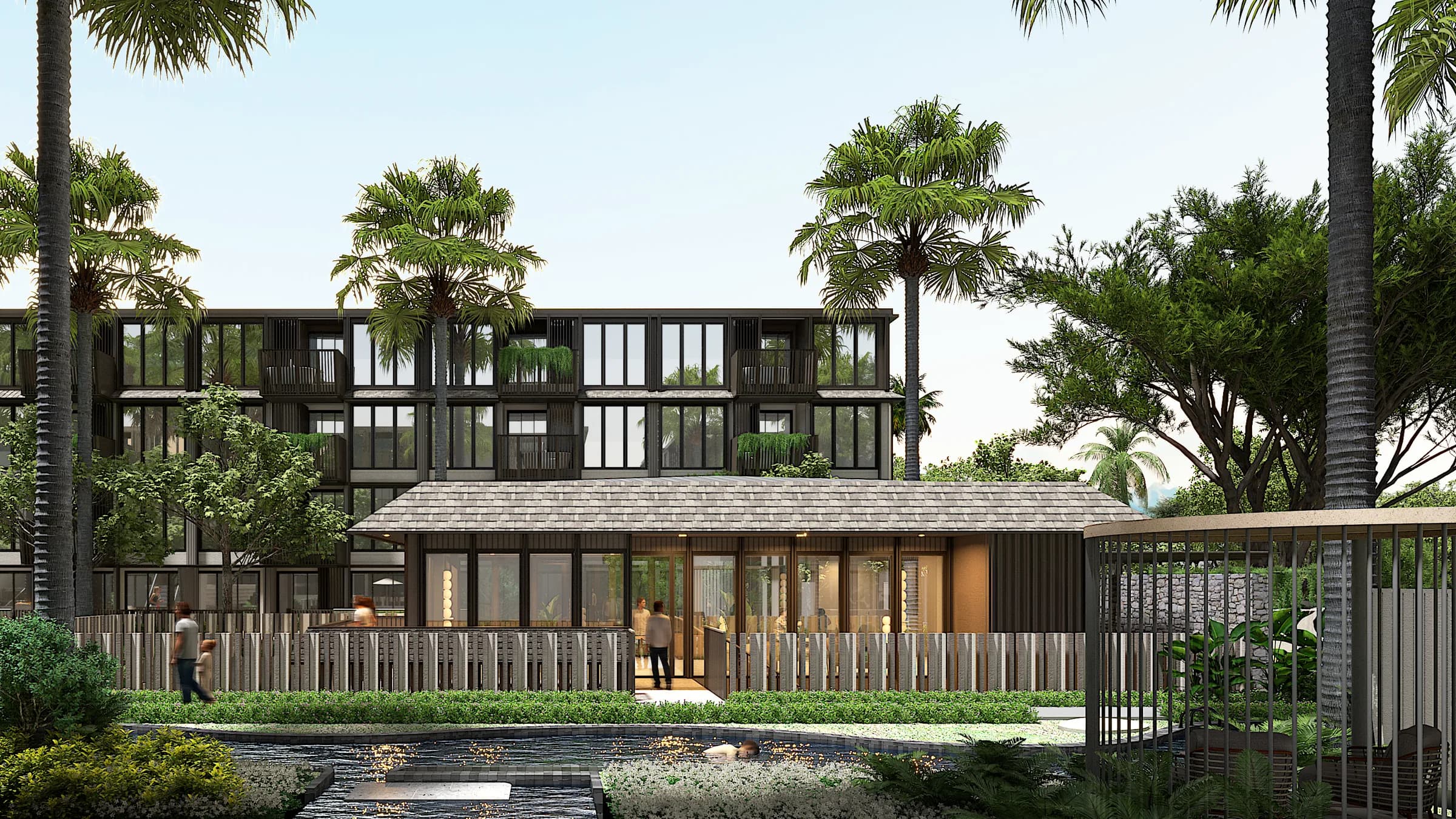 Clubhouse and lagoon garden next to the residences at The Astra Samui