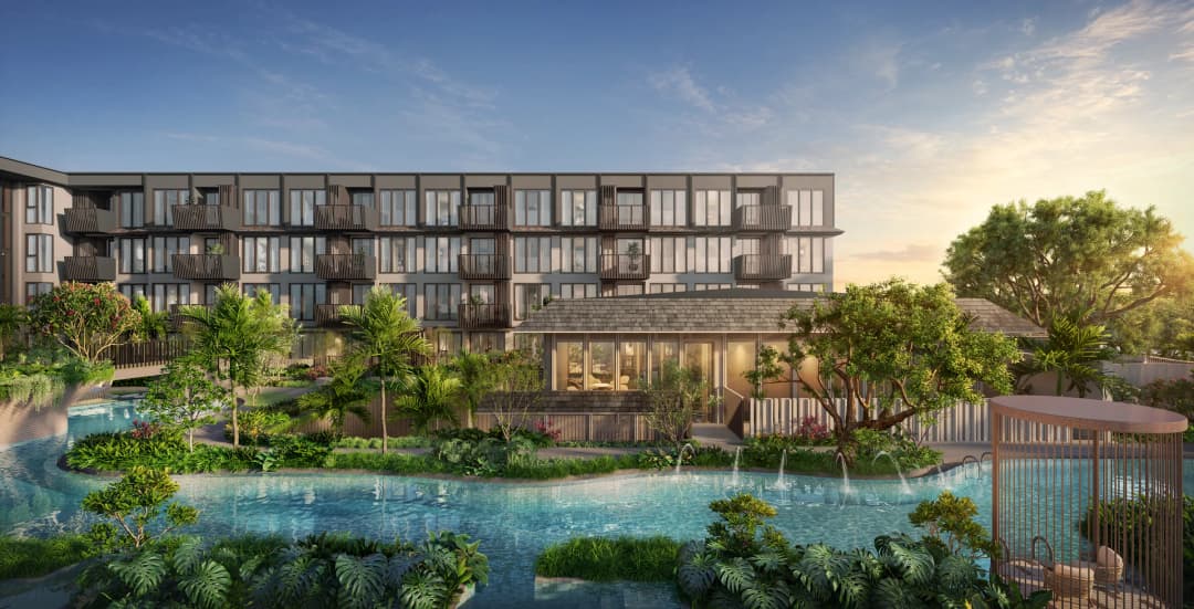 Residential buildings and lagoon pool at The Astra Samui at sunset